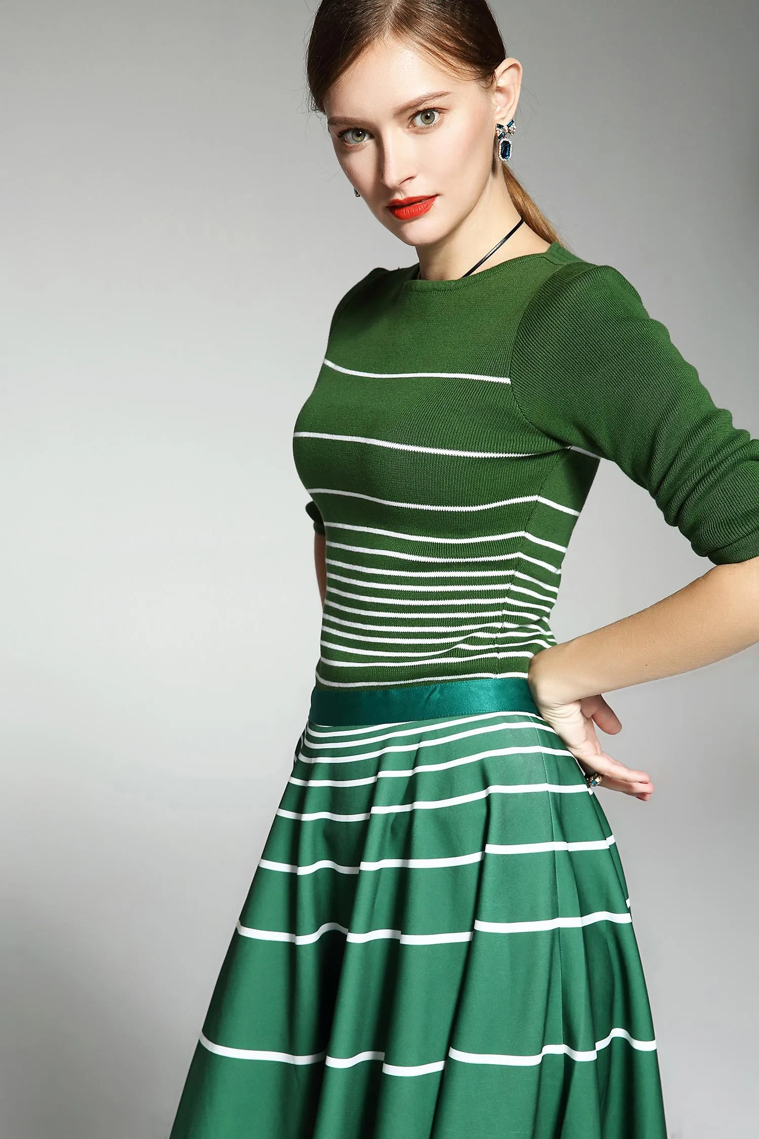 Limited autumn green stripe 1950 swing skirt Audrey Hepburn inspired  horizontal stripe skirt   knit top two piece- suit set -Amara