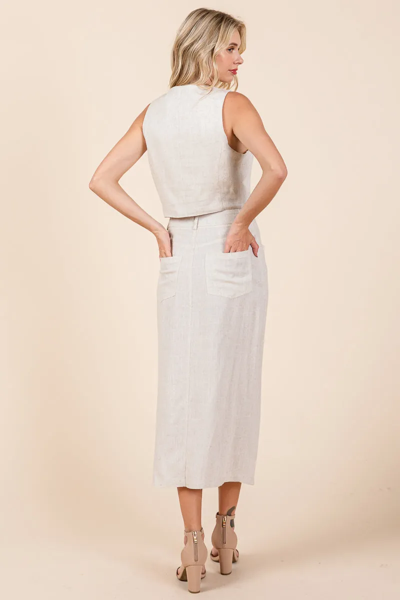 Linen Vest and Pencil Skirt Two Piece Sets