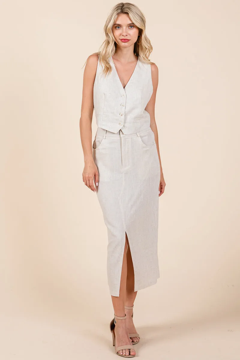 Linen Vest and Pencil Skirt Two Piece Sets