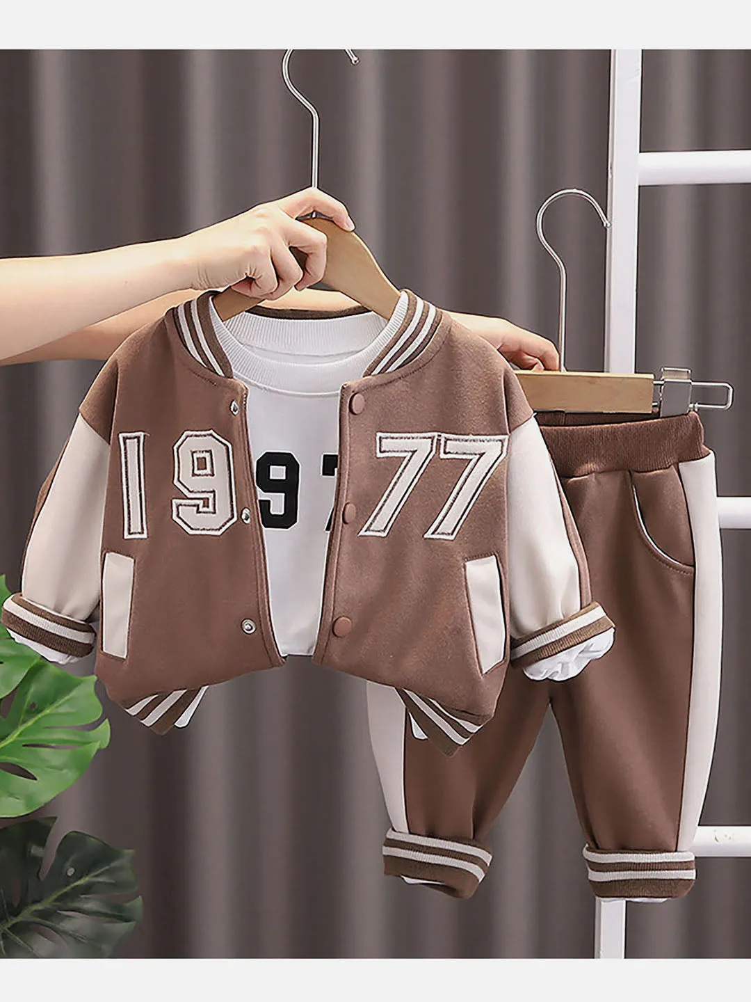 Little Surprise Box Brown & Cream 3 Pcs Varsity Jacket Styled Track Suit Set For Toddlers