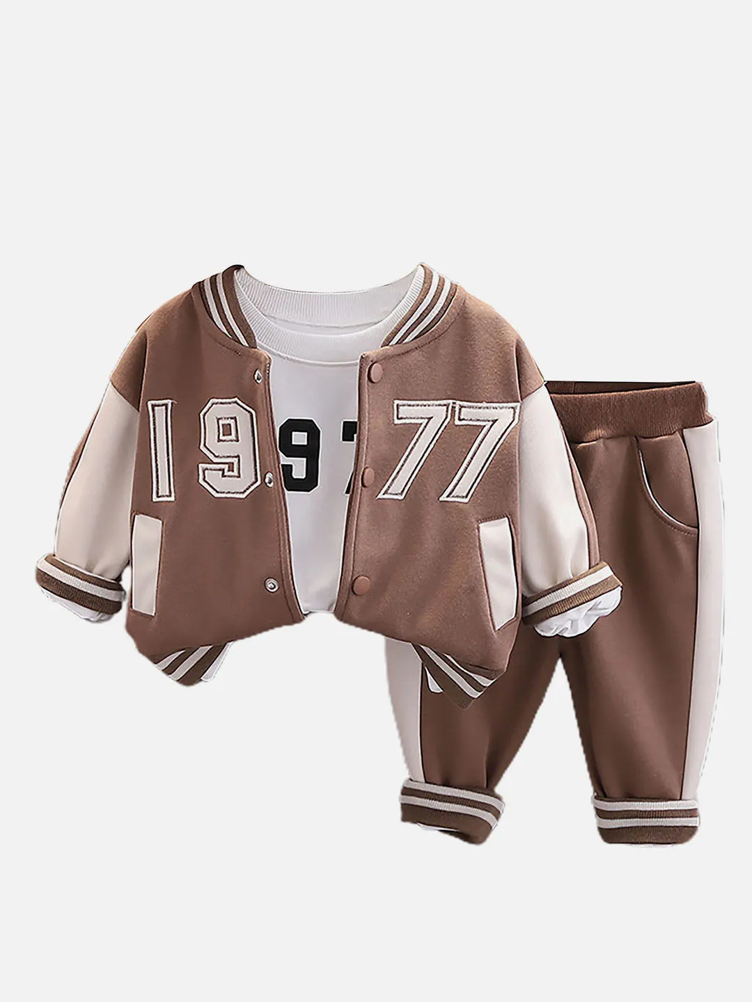 Little Surprise Box Brown & Cream 3 Pcs Varsity Jacket Styled Track Suit Set For Toddlers