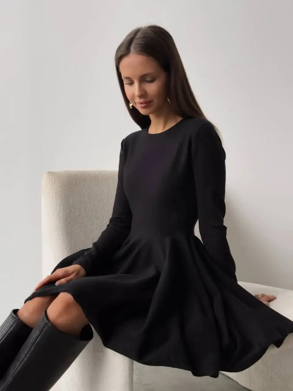 Long Sleeve Flared Skirts Knit Mini Dress