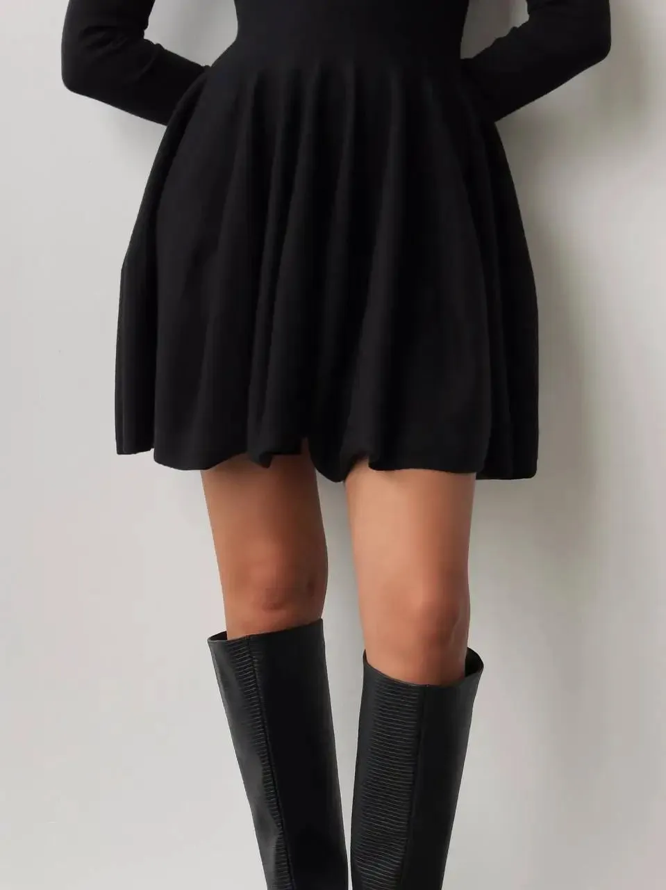 Long Sleeve Flared Skirts Knit Mini Dress