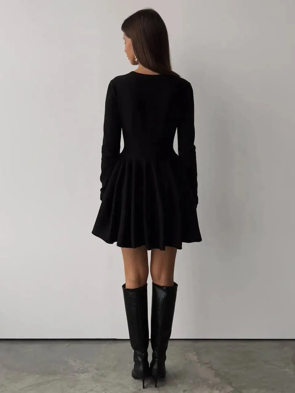 Long Sleeve Flared Skirts Knit Mini Dress