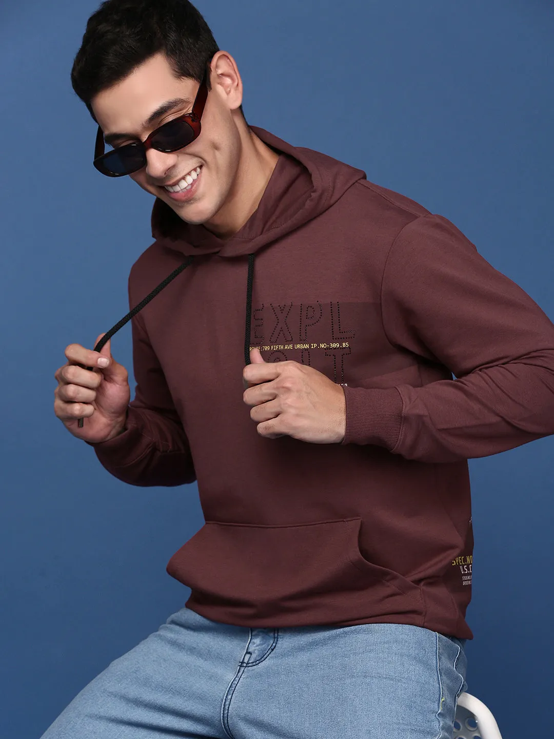 Men Hooded Solid Maroon Pullover