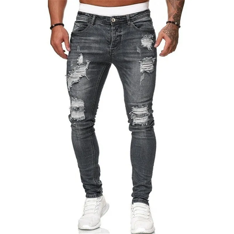 Men Jeans Casual Pants Ripped Pocket Straight Street Run Soft Denim Neutral Slow