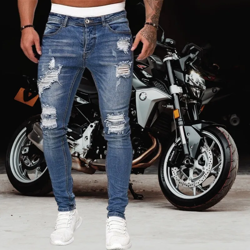 Men Jeans Casual Pants Ripped Pocket Straight Street Run Soft Denim Neutral Slow