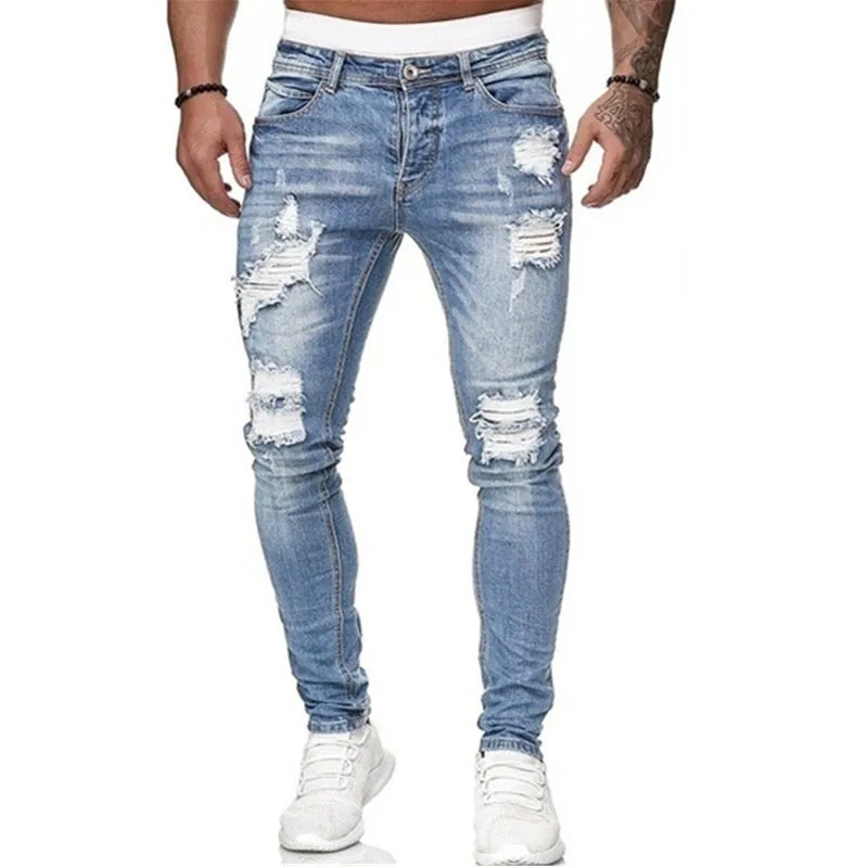 Men Jeans Casual Pants Ripped Pocket Straight Street Run Soft Denim Neutral Slow