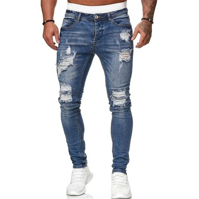 Men Jeans Casual Pants Ripped Pocket Straight Street Run Soft Denim Neutral Slow