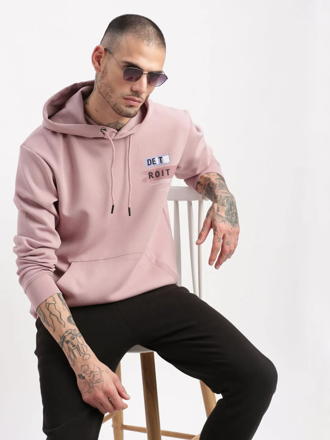 Men Lavender Solid Hooded Pullover