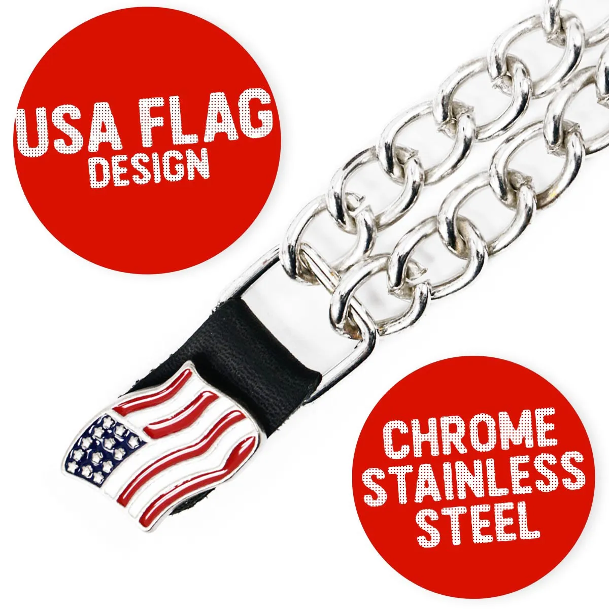 Milwaukee Leather American Flag Medallion Vest Extender - Double Chrome Chains Genuine Leather 8.5" Extension 4-PCS MLA6042SET