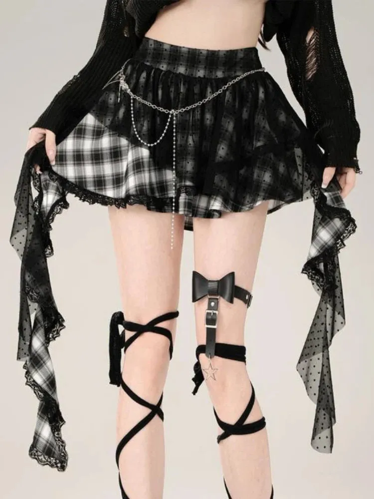 MQTIME  -  Goth Y2k Plaid Women Skirts Irregular Lace Mesh High Wasit Mini Skirt Gothic Style Punk Dark Aesthetics E-girl Clothes