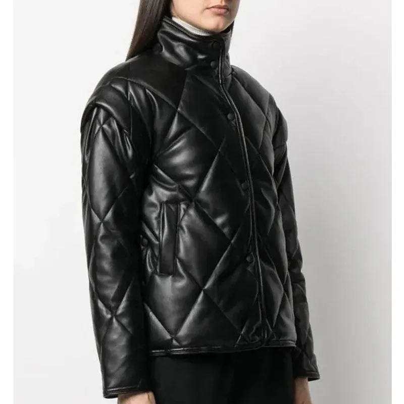 New Women Black Puffer Leather Jacket