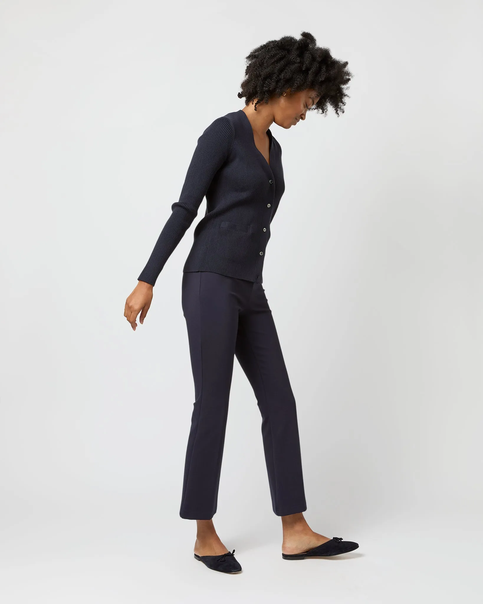 Nia Long-Sleeved Ribbed Cardigan in Navy Cotton/Silk