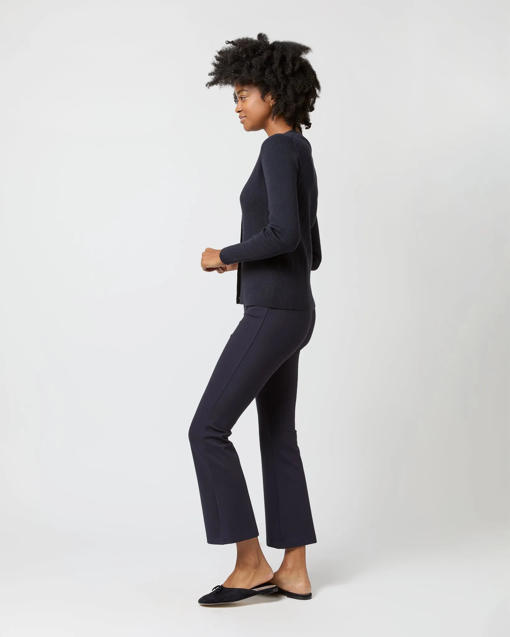 Nia Long-Sleeved Ribbed Cardigan in Navy Cotton/Silk