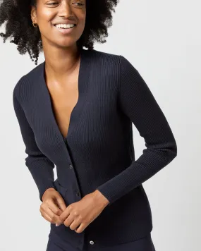 Nia Long-Sleeved Ribbed Cardigan in Navy Cotton/Silk