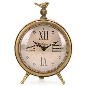 NIKKY HOME Vintage Table Clock with Bird, Decorative Desk Metal Table Clock Shelf Clock Rustic Mantel Clock Non-Ticking, Metal Frame with Antique Gold Finish