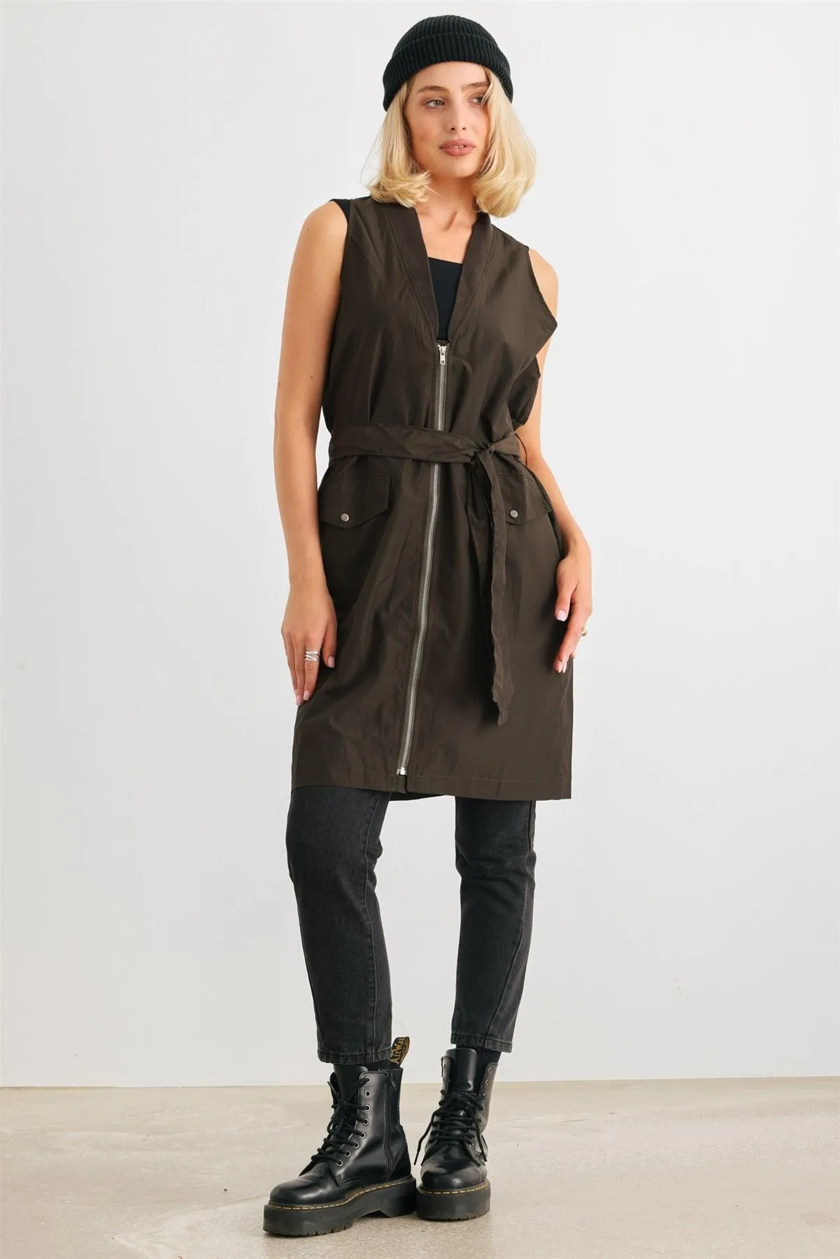 Olive Glossy Zip-Up Belted Two Pocket Long Vest /4-2