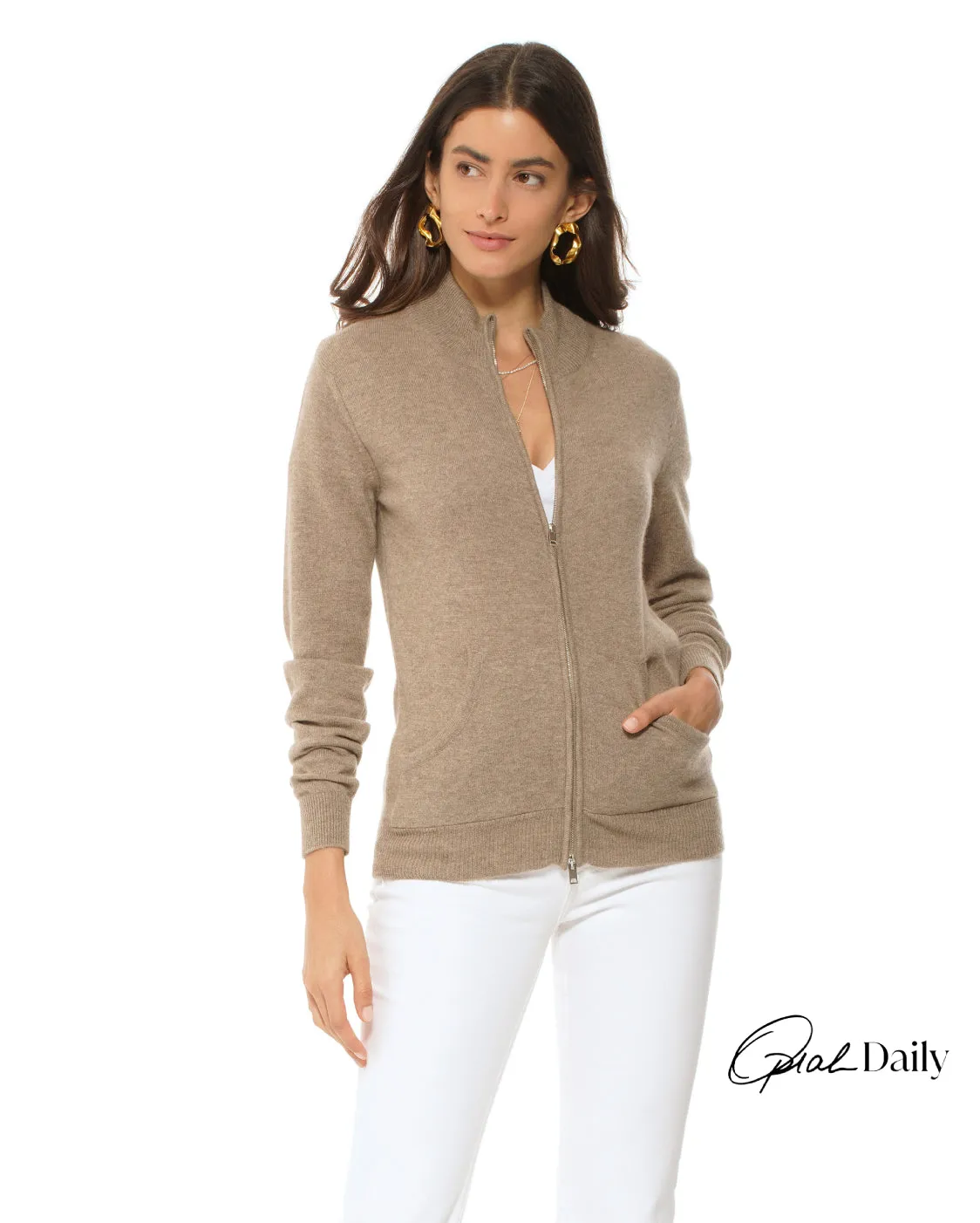 Oprah Daily - Women's Cashmere Zip Cardigan Taupe