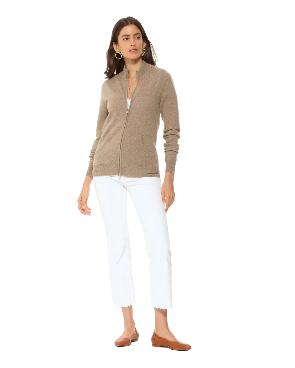 Oprah Daily - Women's Cashmere Zip Cardigan Taupe