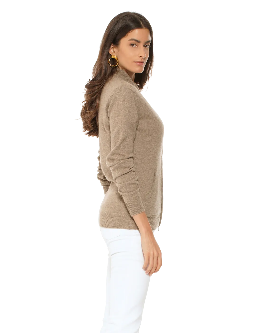 Oprah Daily - Women's Cashmere Zip Cardigan Taupe