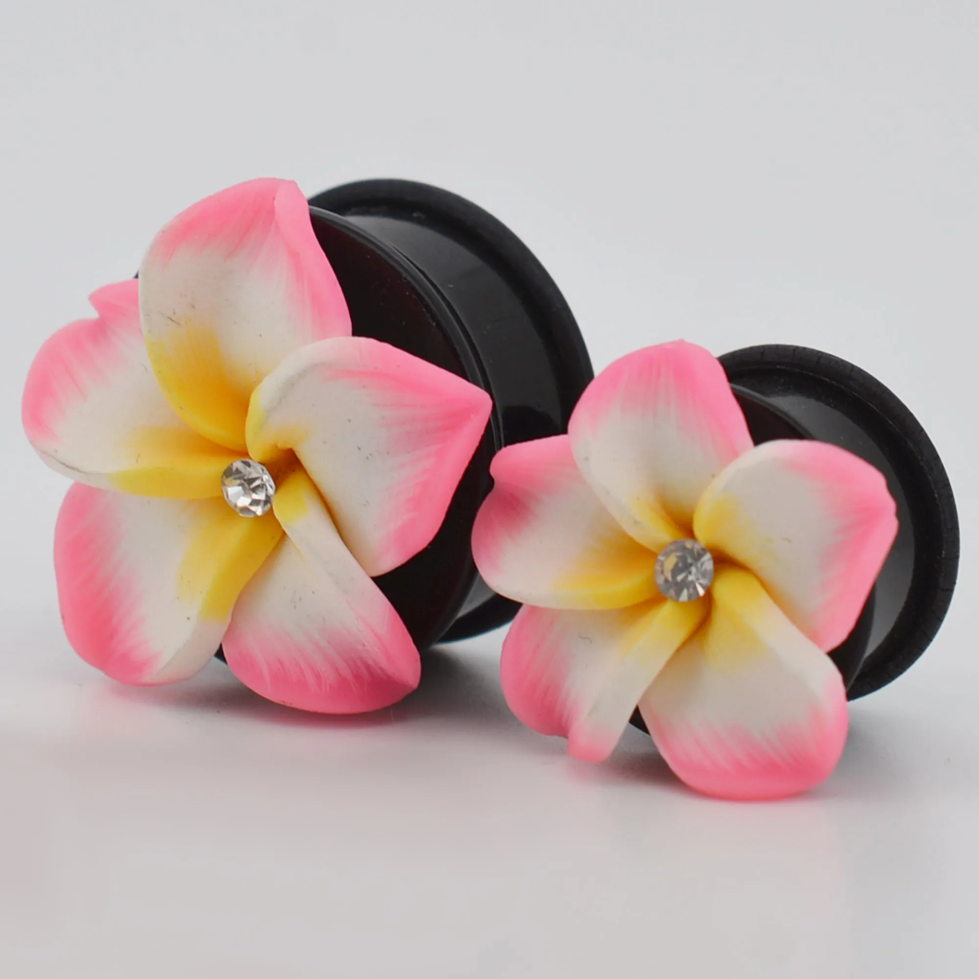 Pink and White Hawaiian Flower Design with O-ring  Acrylic Ear Plugs | Gauges