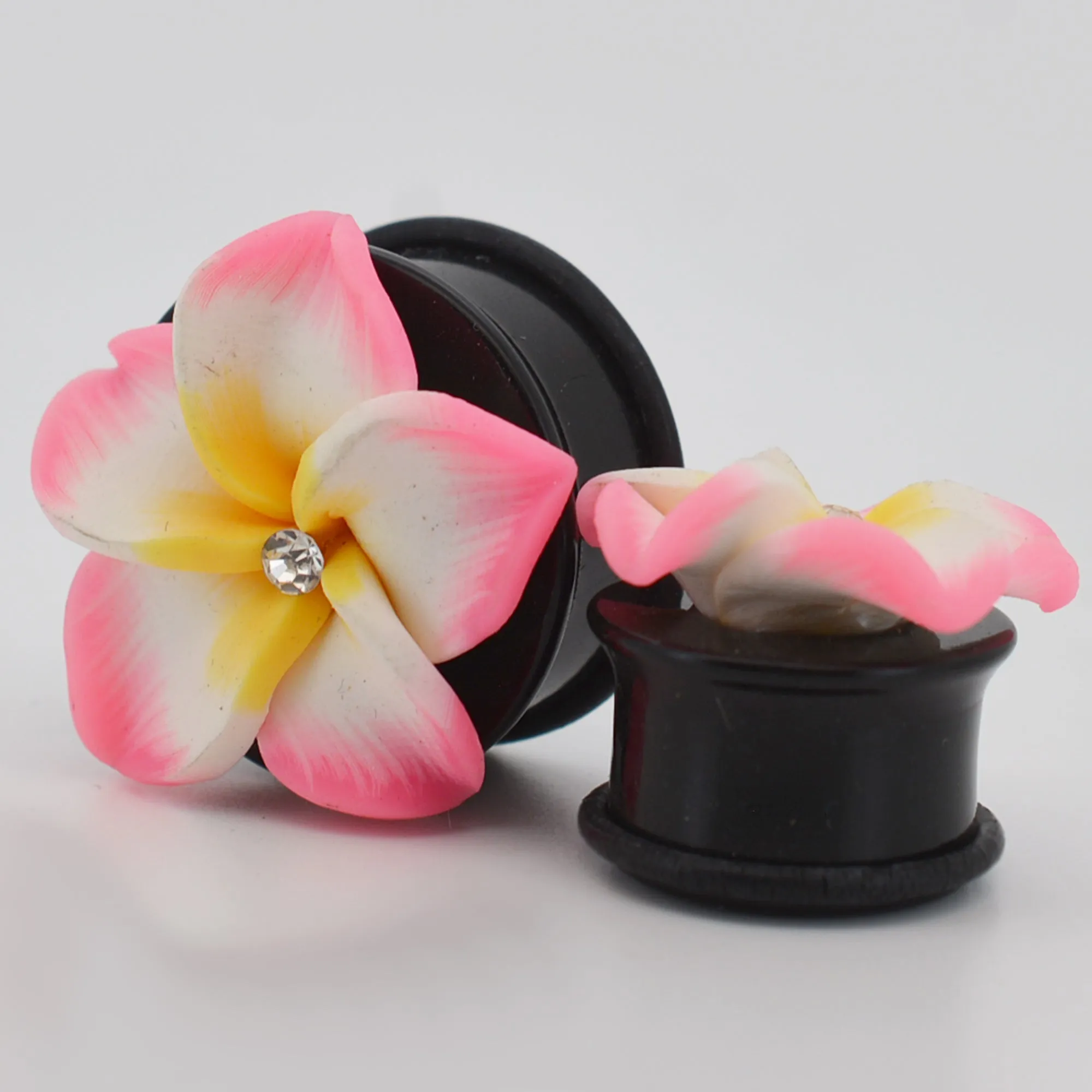 Pink and White Hawaiian Flower Design with O-ring  Acrylic Ear Plugs | Gauges