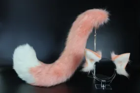 Pink and white stitching cat tail and ears kitten ears and tail set fox ears and tail curved wolf tail and ears anime cosplay role play