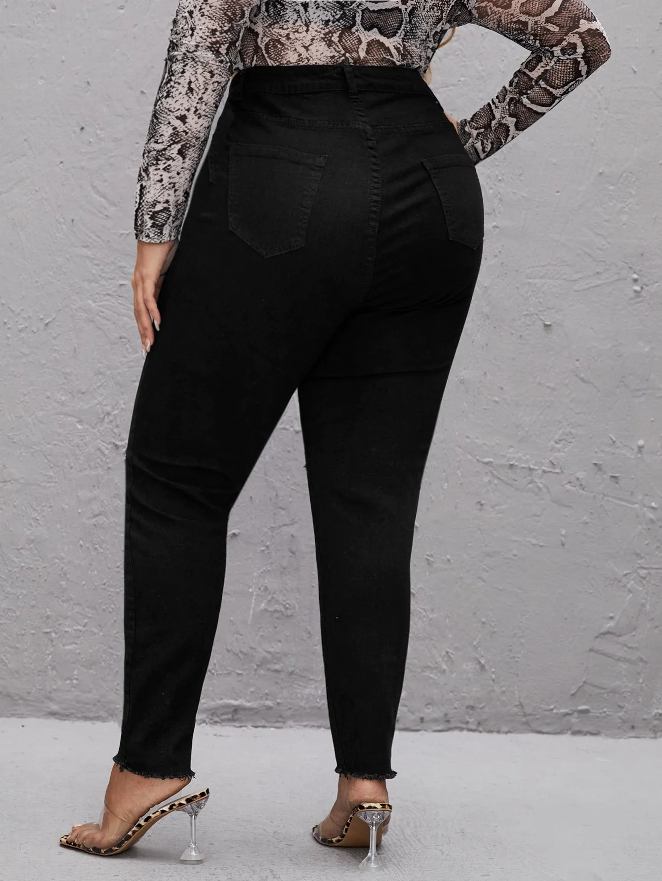 Plain Button Front High Waist Long Plus Size Jeans