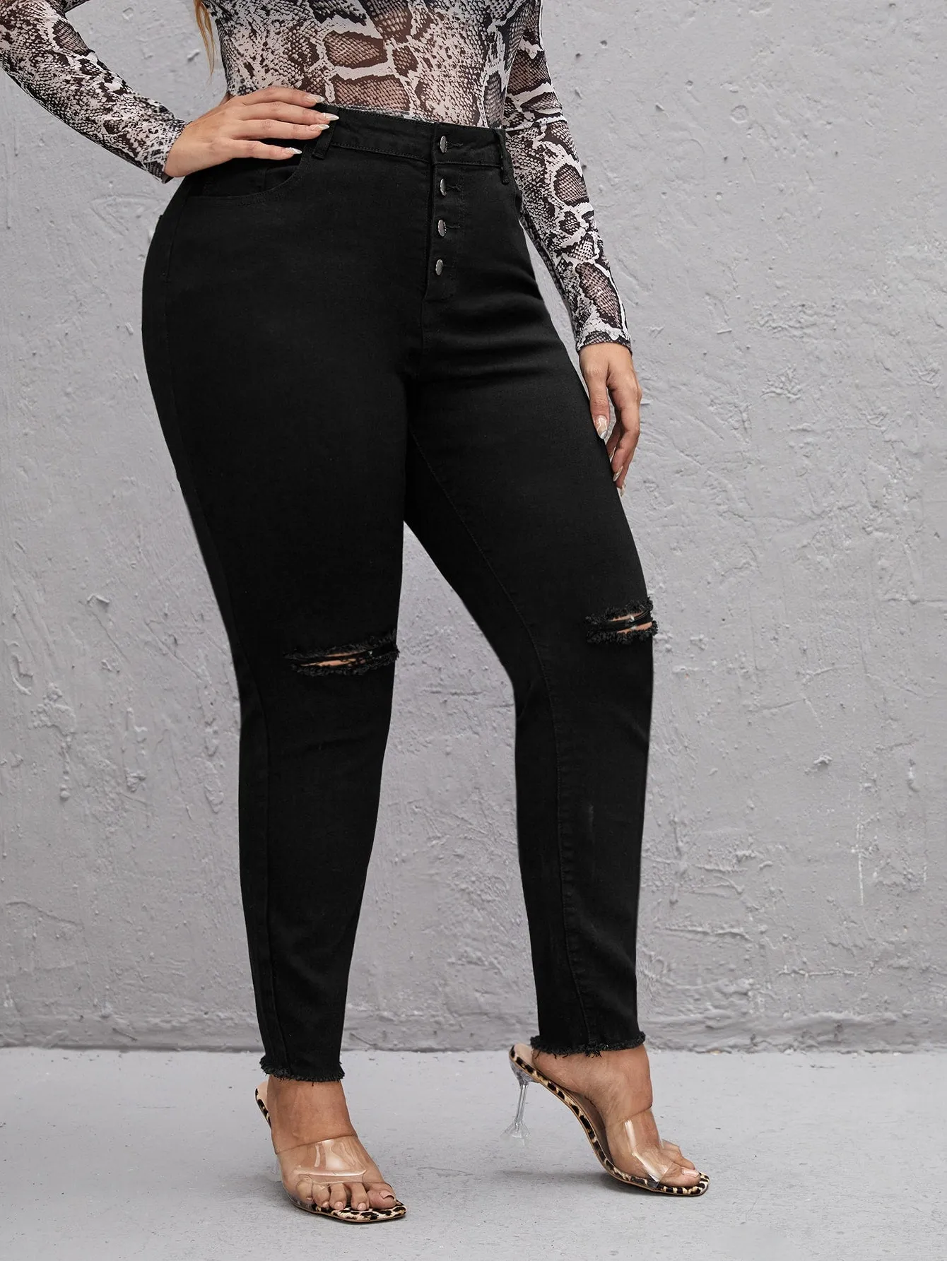 Plain Button Front High Waist Long Plus Size Jeans