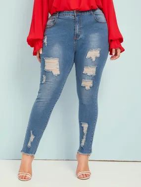 Plus Ladder Distressed Hem Skinny Jeans