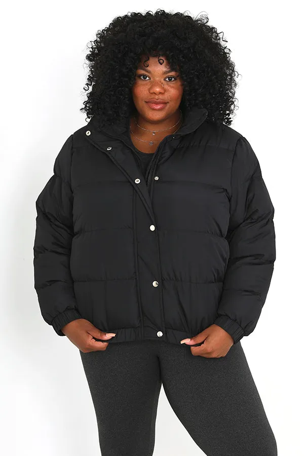 PLUS SIZE BLACK HOODED PUFFER JACKET