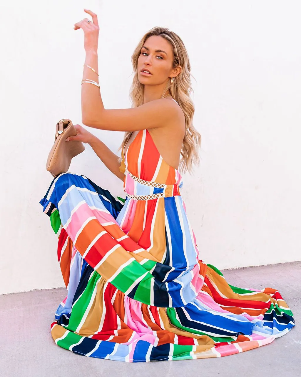 Rainbow Striped Printed Lace V Neck Dress