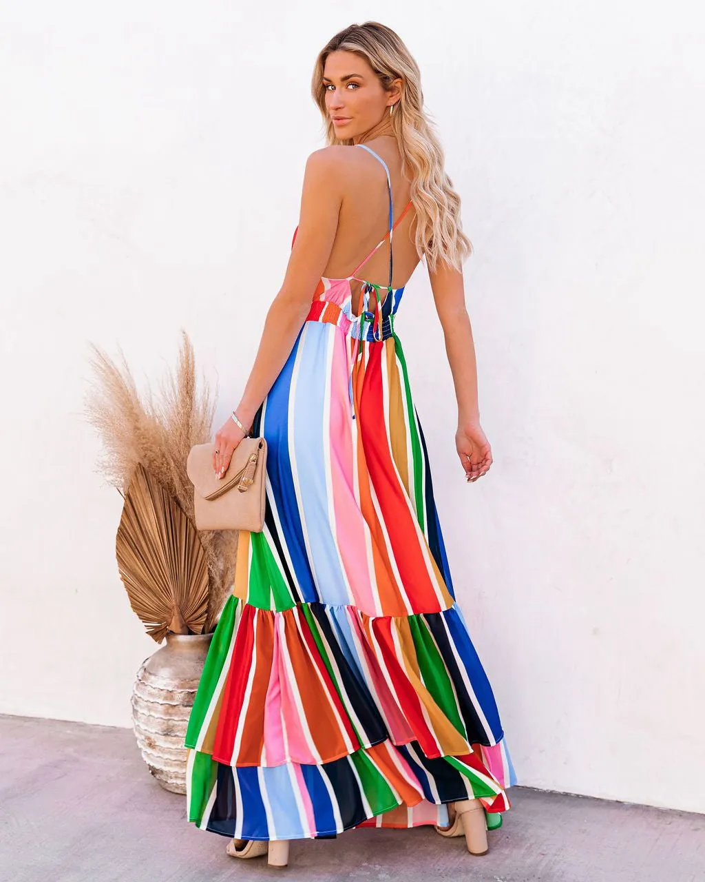 Rainbow Striped Printed Lace V Neck Dress