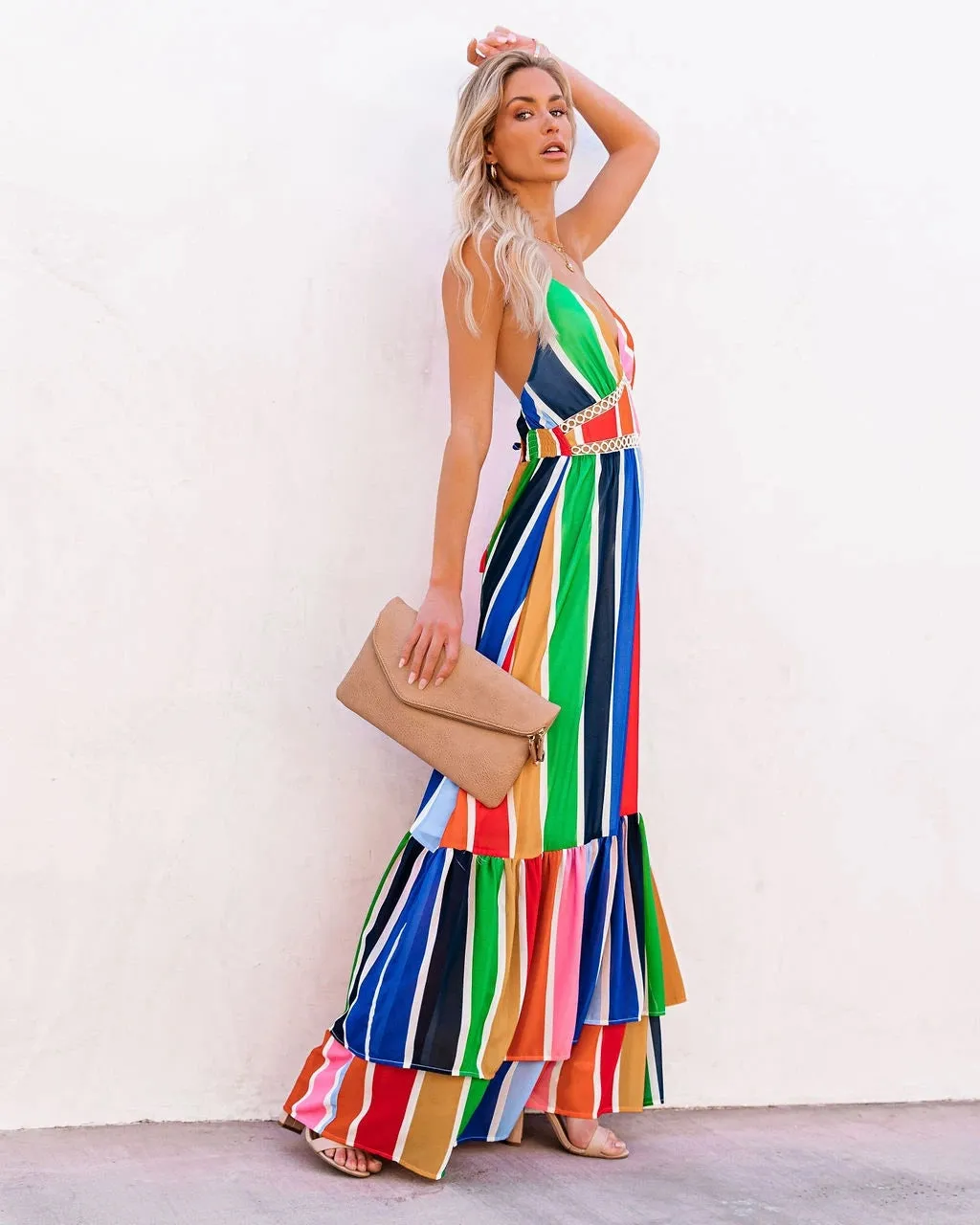 Rainbow Striped Printed Lace V Neck Dress