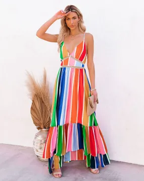 Rainbow Striped Printed Lace V Neck Dress