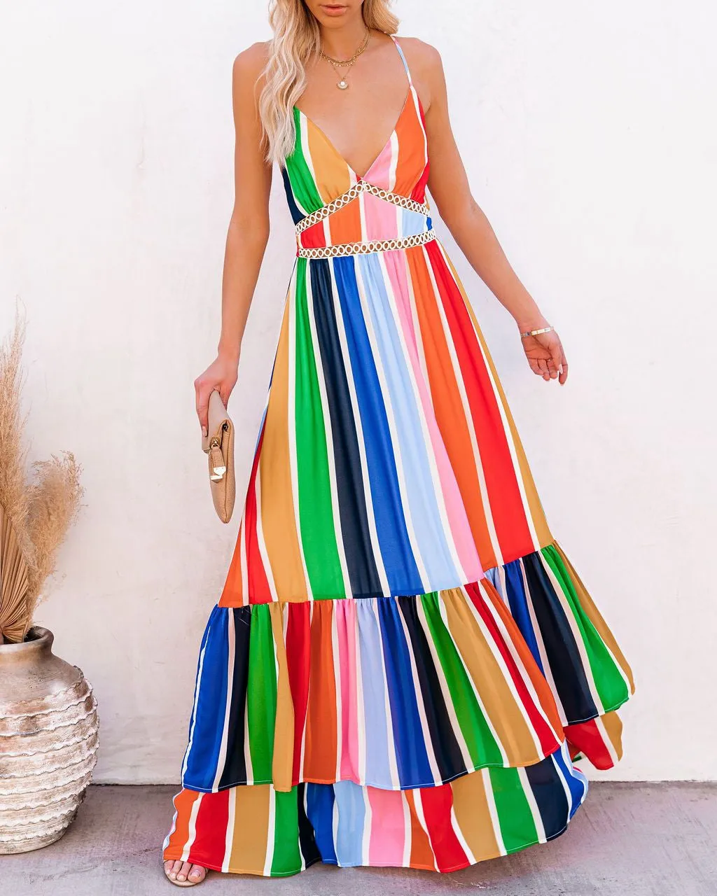 Rainbow Striped Printed Lace V Neck Dress