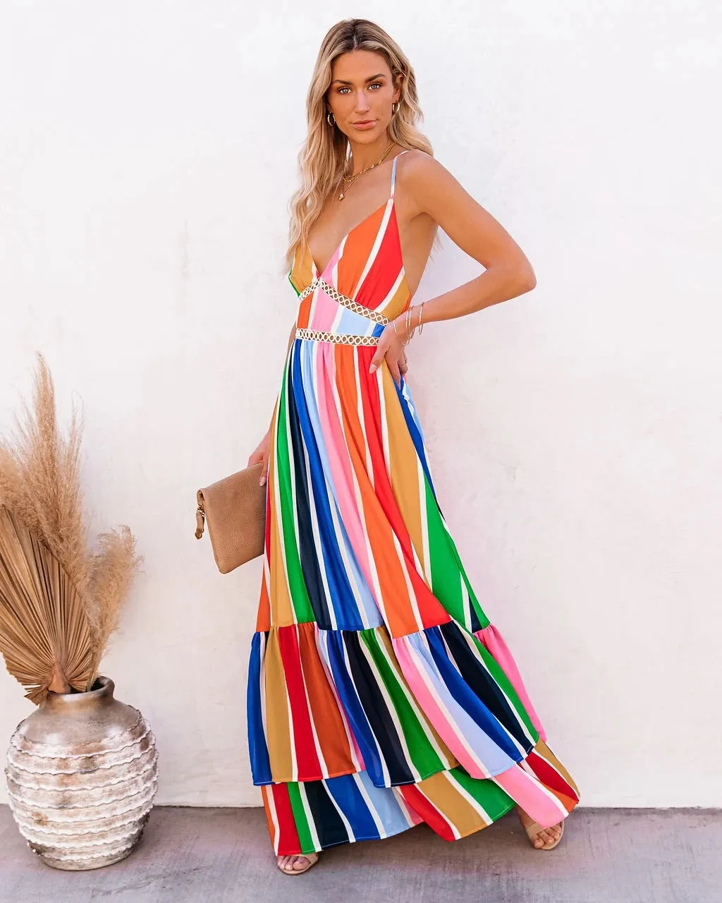 Rainbow Striped Printed Lace V Neck Dress