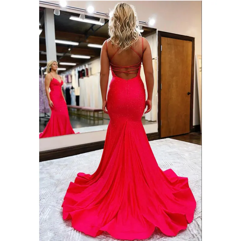 Red V-Neck Criss-Cross Straps Mermaid Long Evening Party Prom Dress