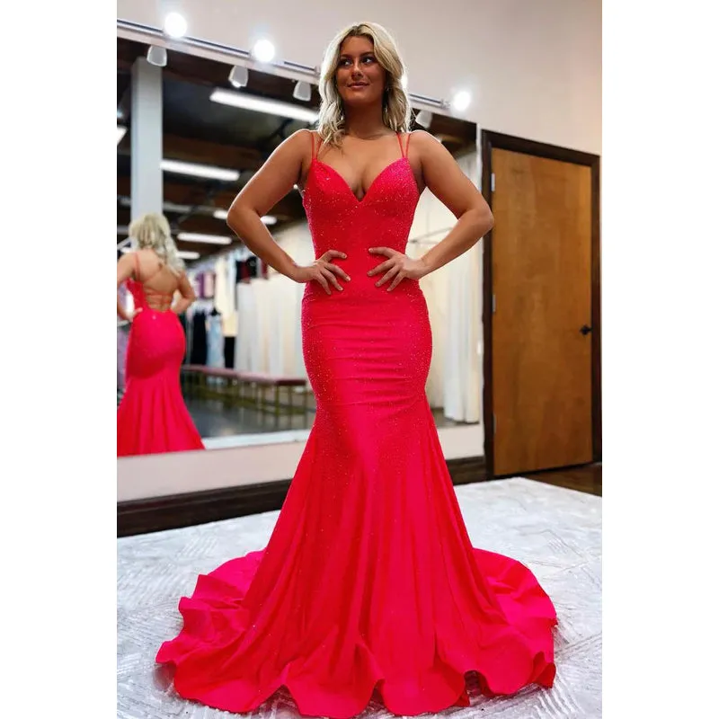 Red V-Neck Criss-Cross Straps Mermaid Long Evening Party Prom Dress