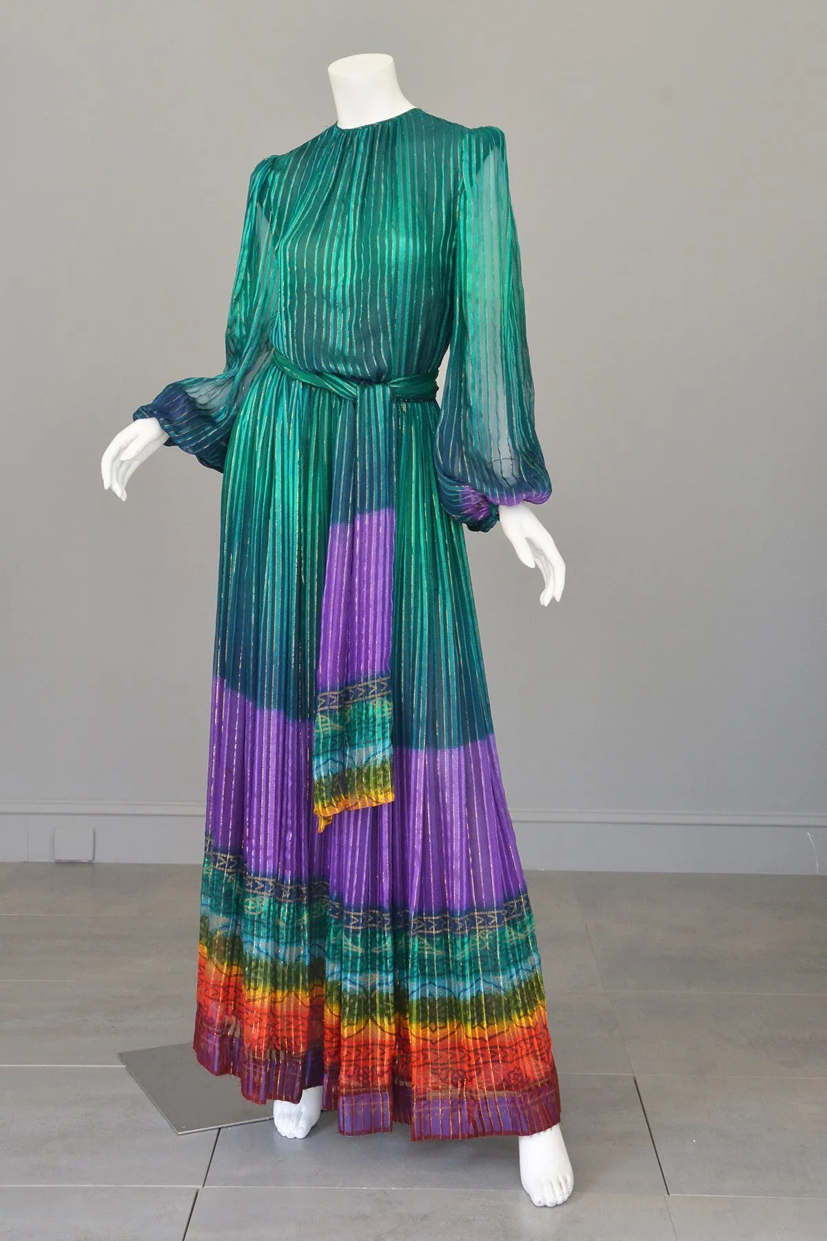 RESERVED 1970s Sheer Peacock Rainbow Silk Maxi Dress with Poet Sleeves Vintage Dress