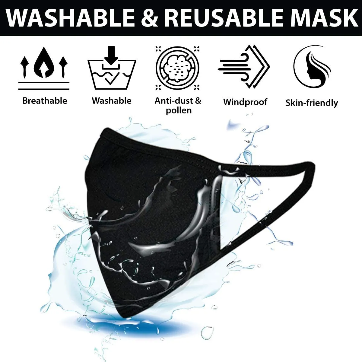 Reusable 2 Ply Cotton Face Mask, Washable Mask, Soft Breathable, Black