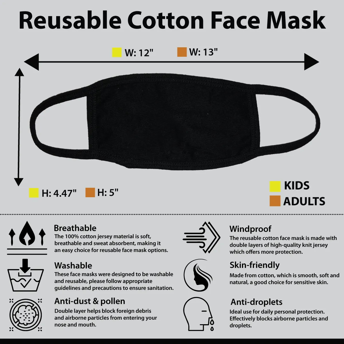 Reusable 2 Ply Cotton Face Mask, Washable Mask, Soft Breathable, Black