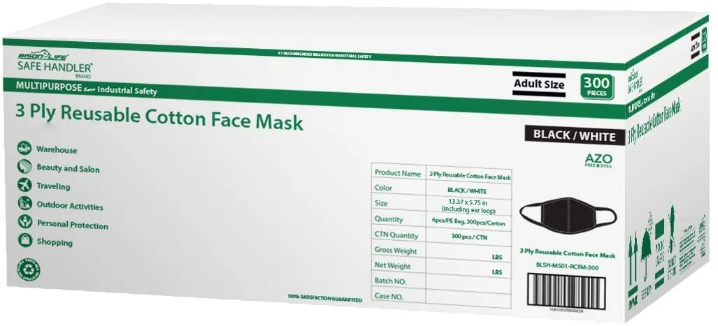 Reusable 3 Ply Cotton Face Mask, Soft Breathable, Black