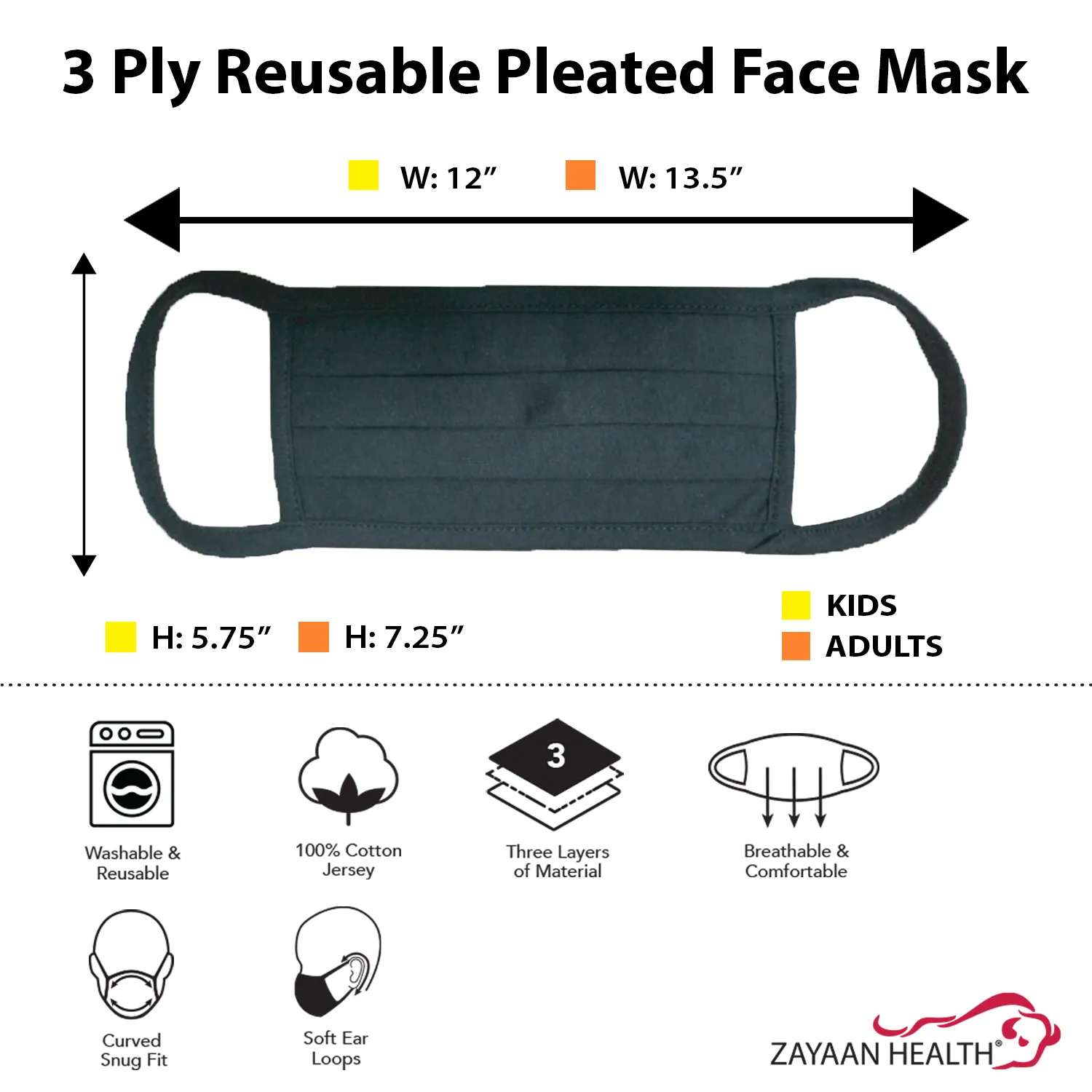 Reusable 3 Ply Pleated Face Mask, Washable Mask, Soft Breathable, Black