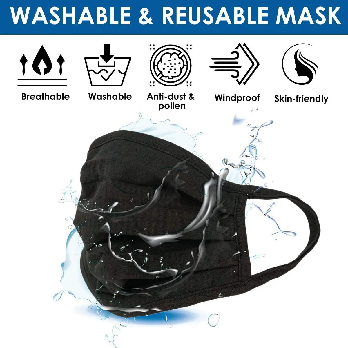 Reusable 3 Ply Pleated Face Mask, Washable Mask, Soft Breathable, Black