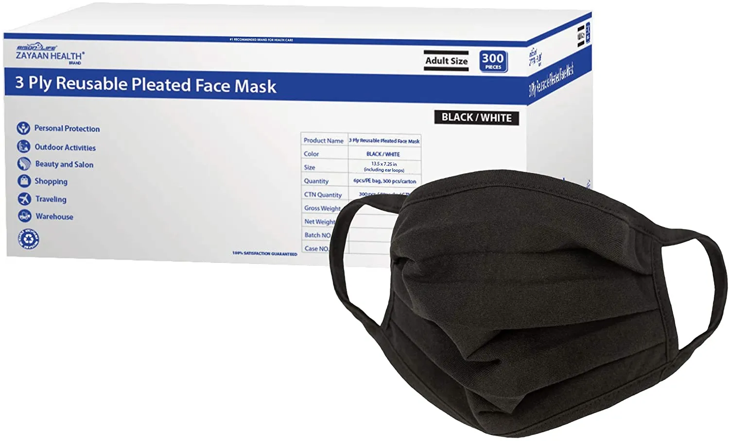 Reusable 3 Ply Pleated Face Mask, Washable Mask, Soft Breathable, Black