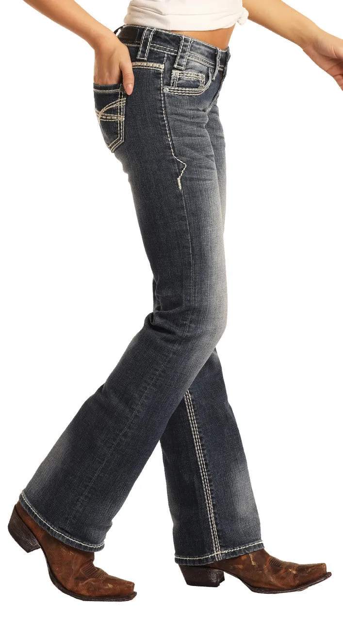 Rock Roll Womens Stretch Riding Mid Rise Regular Fit Bootcut Jeans Dark Vintage Style W7-9516