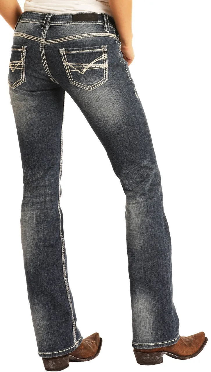 Rock Roll Womens Stretch Riding Mid Rise Regular Fit Bootcut Jeans Dark Vintage Style W7-9516