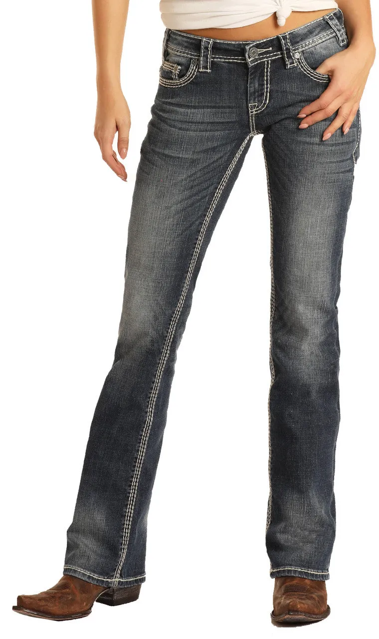 Rock Roll Womens Stretch Riding Mid Rise Regular Fit Bootcut Jeans Dark Vintage Style W7-9516